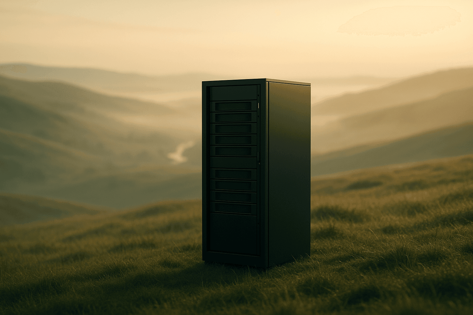 A single server rack standing in an open field at dawn
